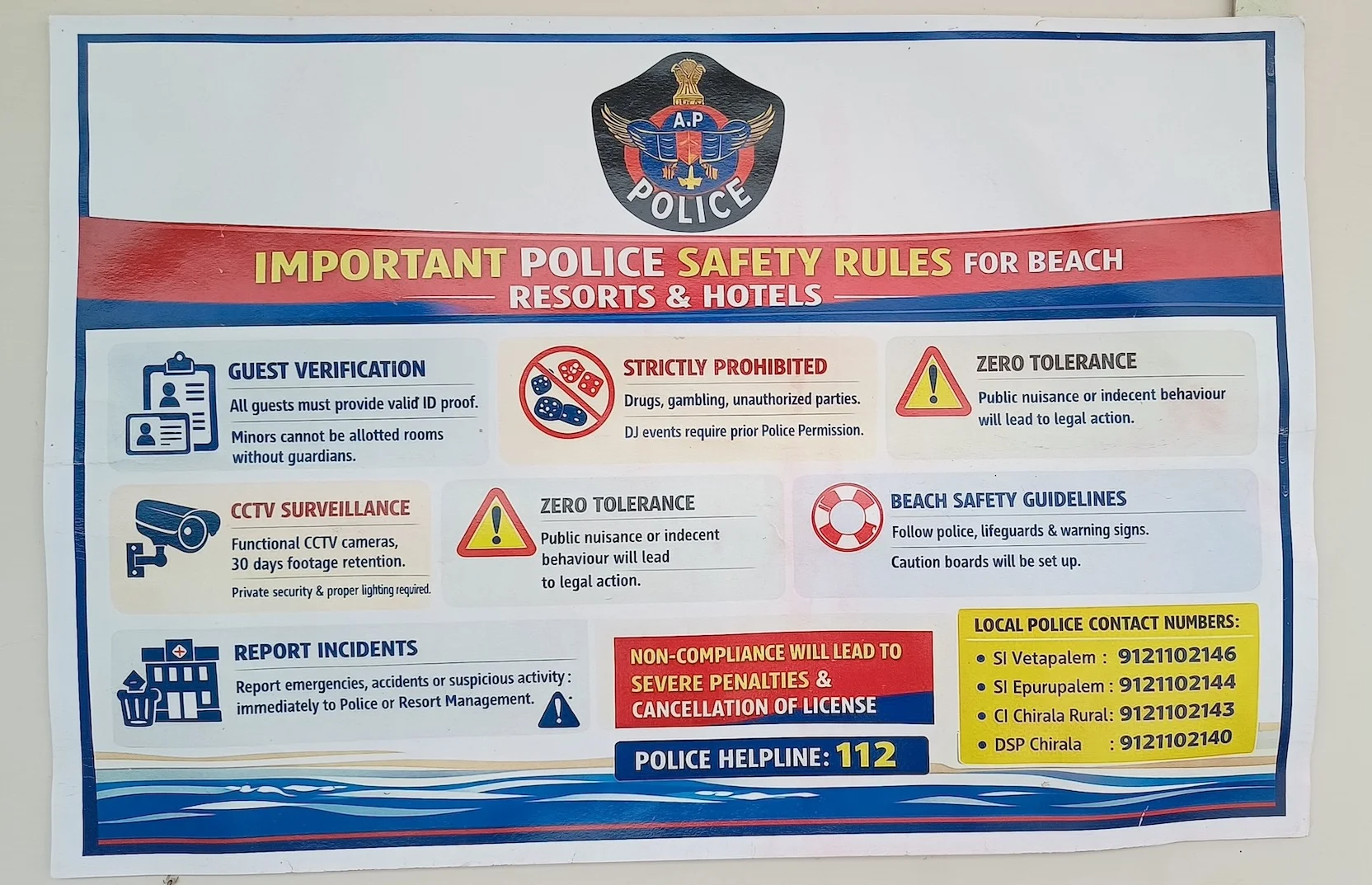 Important police safety rules for beach resorts and hotels poster